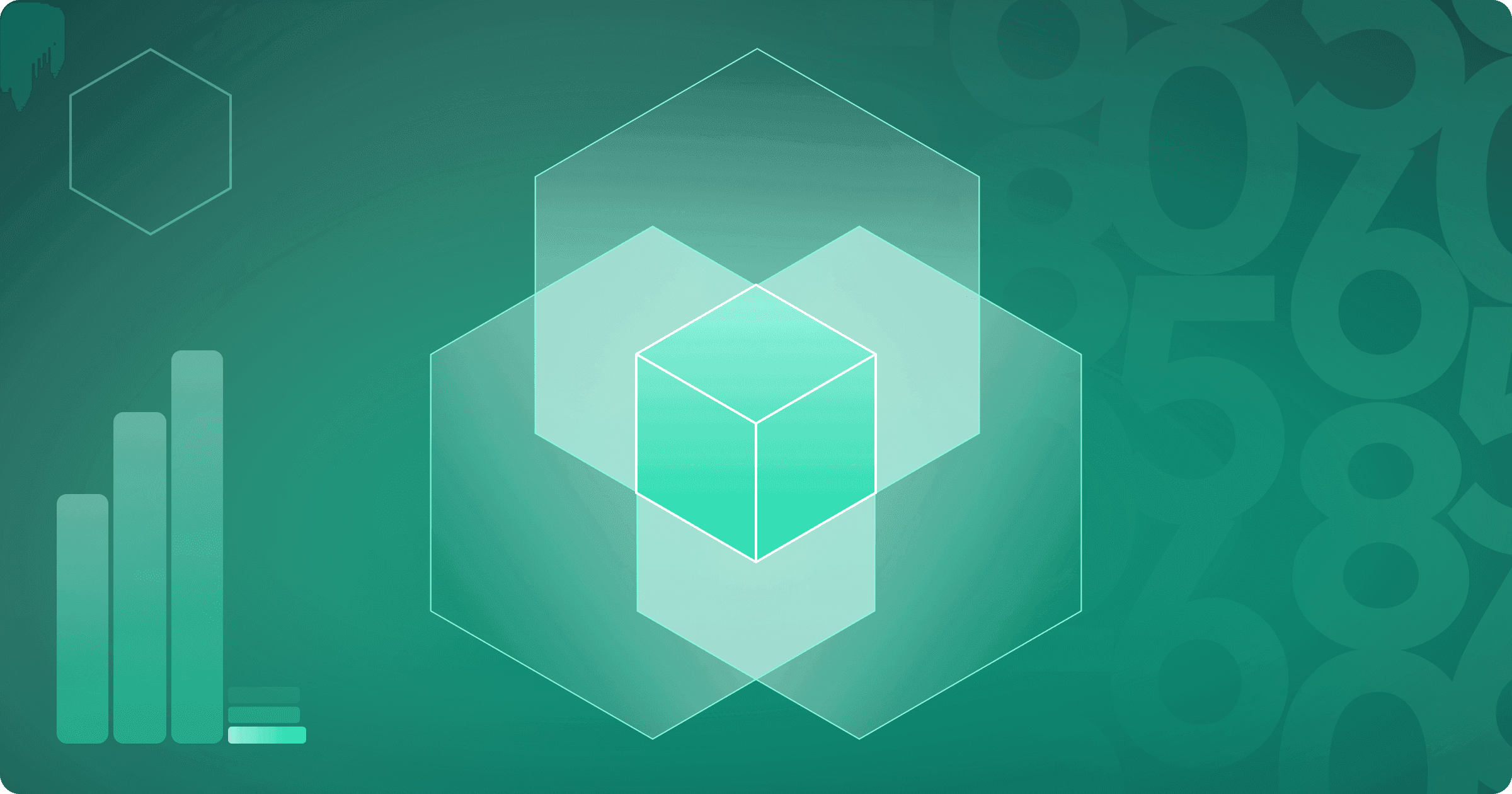 Illustration: geometric shapes and a bar chart on a green background
